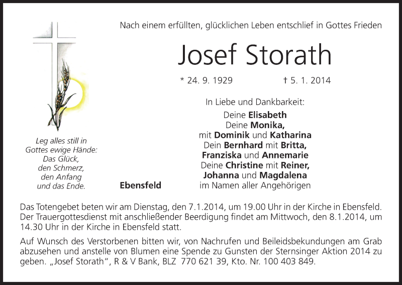  Traueranzeige für Josef Storath vom 07.01.2014 aus MGO
