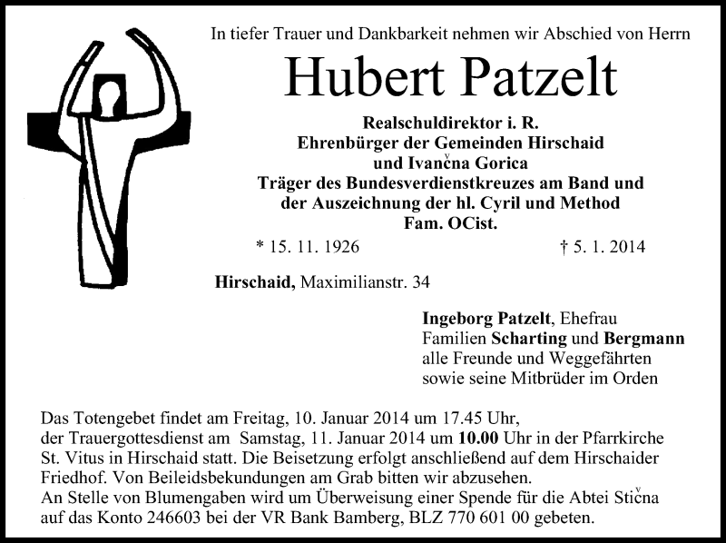  Traueranzeige für Hubert Patzelt vom 07.01.2014 aus MGO