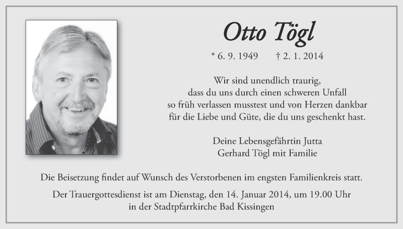 Traueranzeige für Otto Tögl vom 10.01.2014 aus MGO