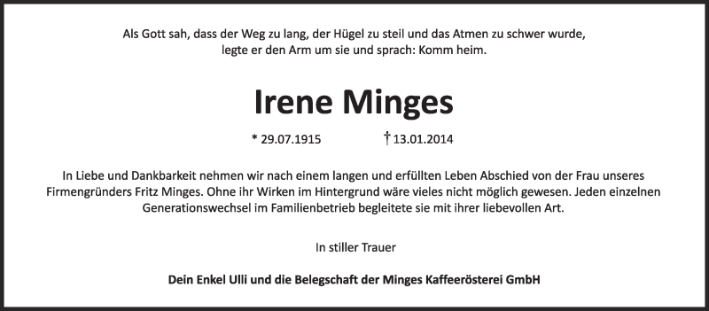 Traueranzeige für Irene Minges vom 18.01.2014 aus MGO