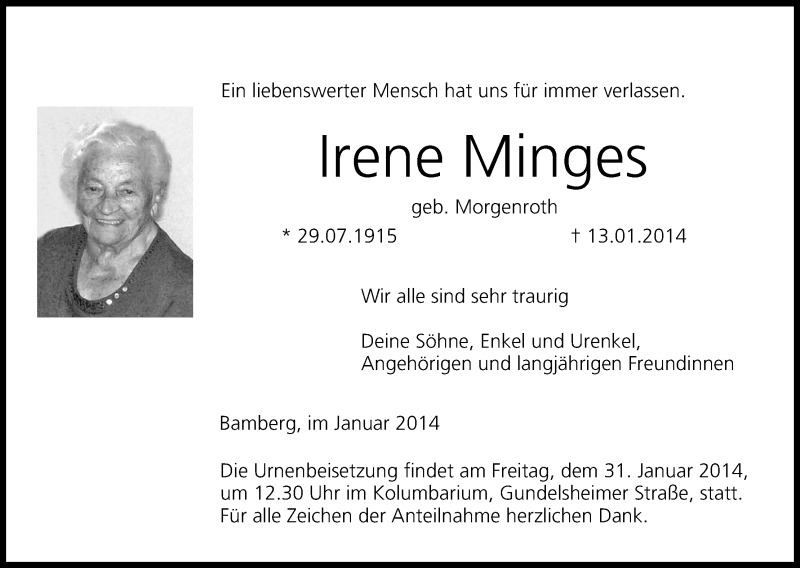  Traueranzeige für Irene Minges vom 18.01.2014 aus MGO