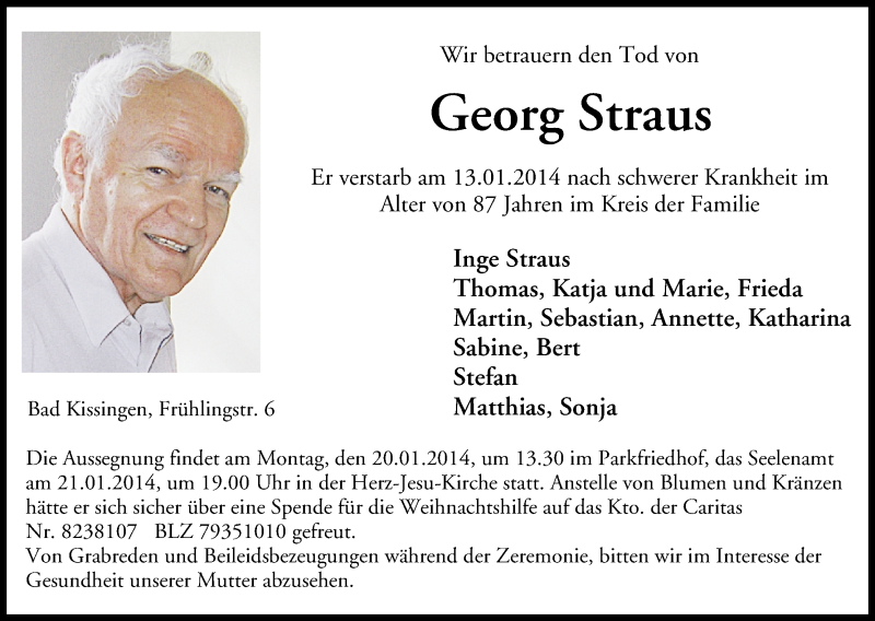  Traueranzeige für Georg Straus vom 18.01.2014 aus MGO