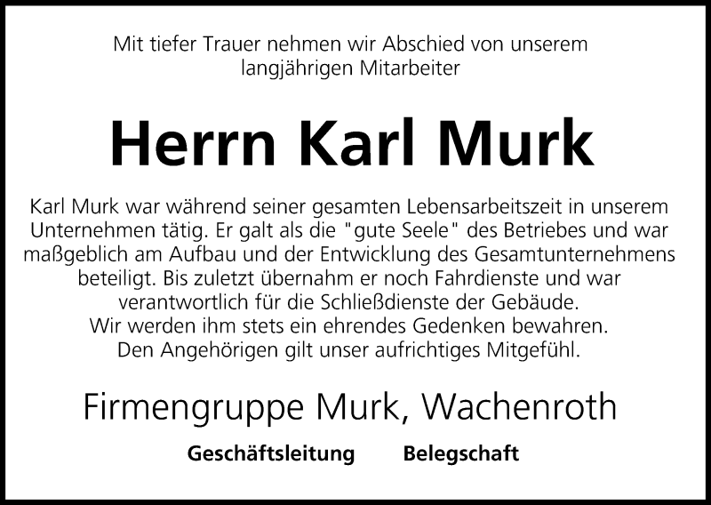  Traueranzeige für Karl Murk vom 24.01.2014 aus MGO