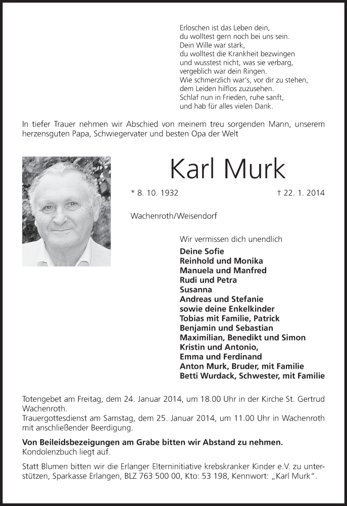  Traueranzeige für Karl Murk vom 24.01.2014 aus MGO