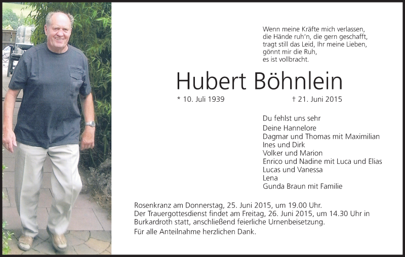  Traueranzeige für Hubert Böhnlein vom 24.06.2015 aus MGO