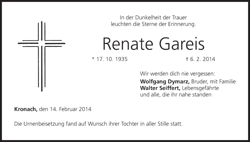  Traueranzeige für Renate Gareis vom 14.02.2014 aus MGO