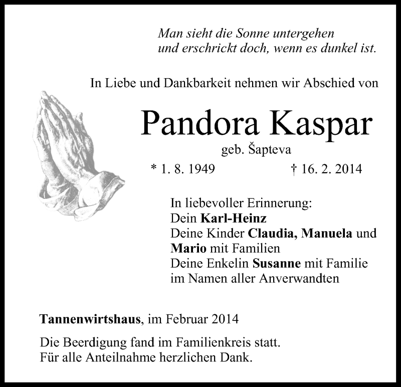  Traueranzeige für Pandora Kaspar vom 21.02.2014 aus MGO