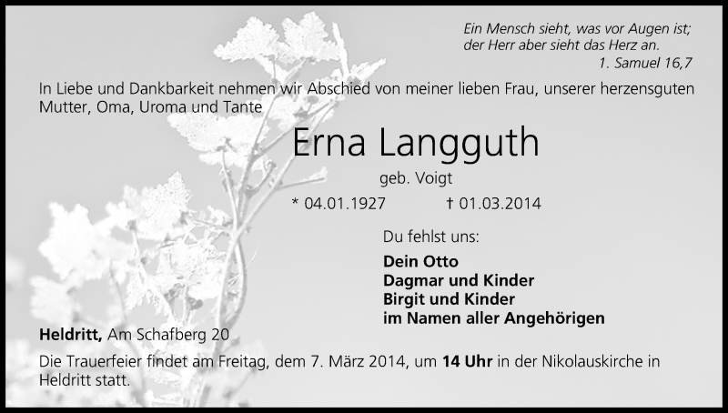  Traueranzeige für Erna Langguth vom 05.03.2014 aus MGO