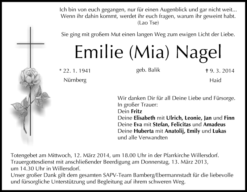  Traueranzeige für Emilie Mia Nagel vom 11.03.2014 aus MGO