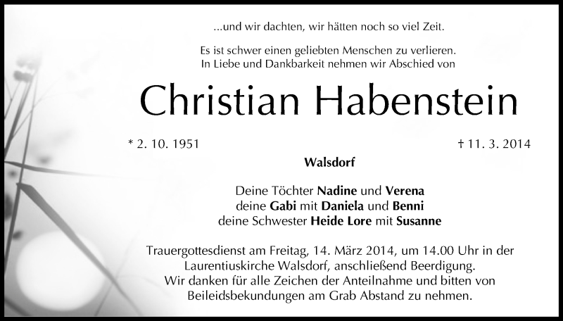  Traueranzeige für Christian Habenstein vom 13.03.2014 aus MGO