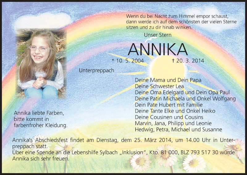  Traueranzeige für Annika  vom 22.03.2014 aus MGO