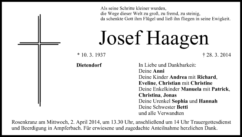  Traueranzeige für Josef Haagen vom 31.03.2014 aus MGO