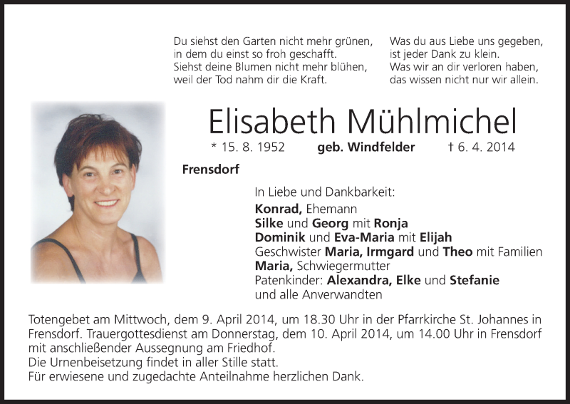  Traueranzeige für Elisabeth Mühlmichel vom 08.04.2014 aus MGO