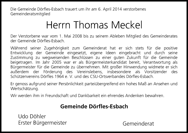  Traueranzeige für Thomas Meckel vom 09.04.2014 aus MGO