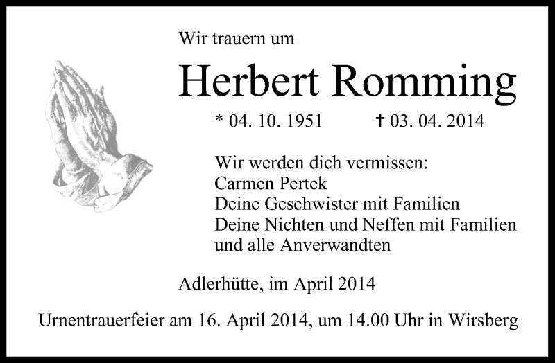  Traueranzeige für Herbert Romming vom 14.04.2014 aus MGO