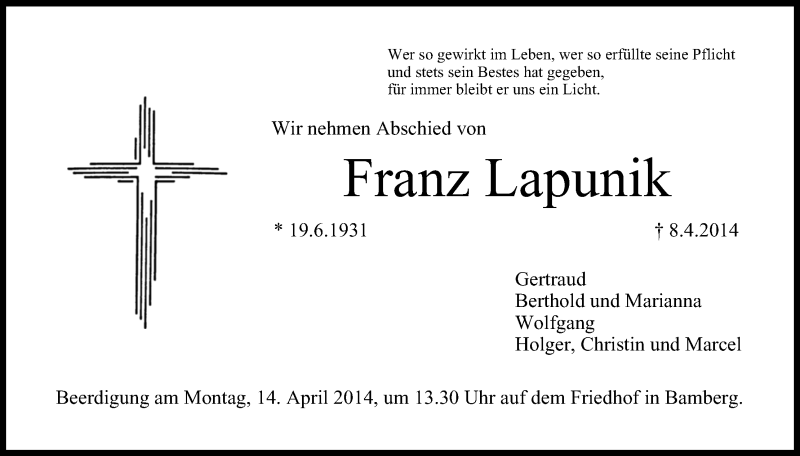  Traueranzeige für Franz Lapunik vom 12.04.2014 aus MGO