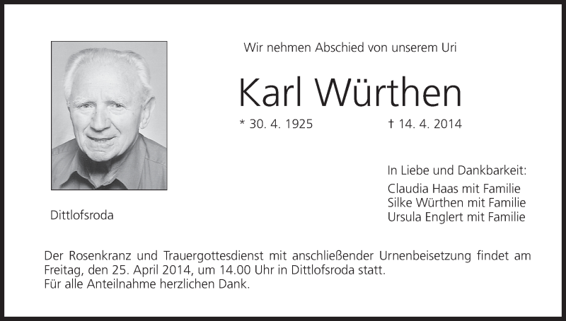  Traueranzeige für Karl Würthen vom 22.04.2014 aus MGO