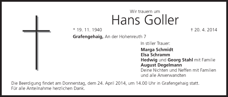  Traueranzeige für Hans Goller vom 22.04.2014 aus MGO