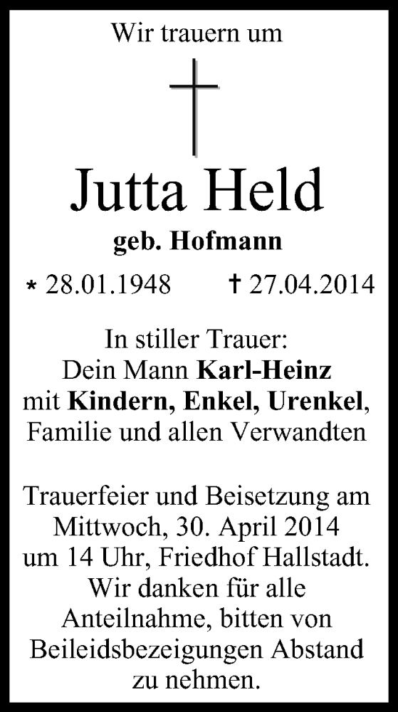  Traueranzeige für Jutta Held vom 29.04.2014 aus MGO