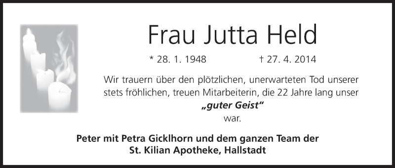  Traueranzeige für Jutta Held vom 30.04.2014 aus MGO