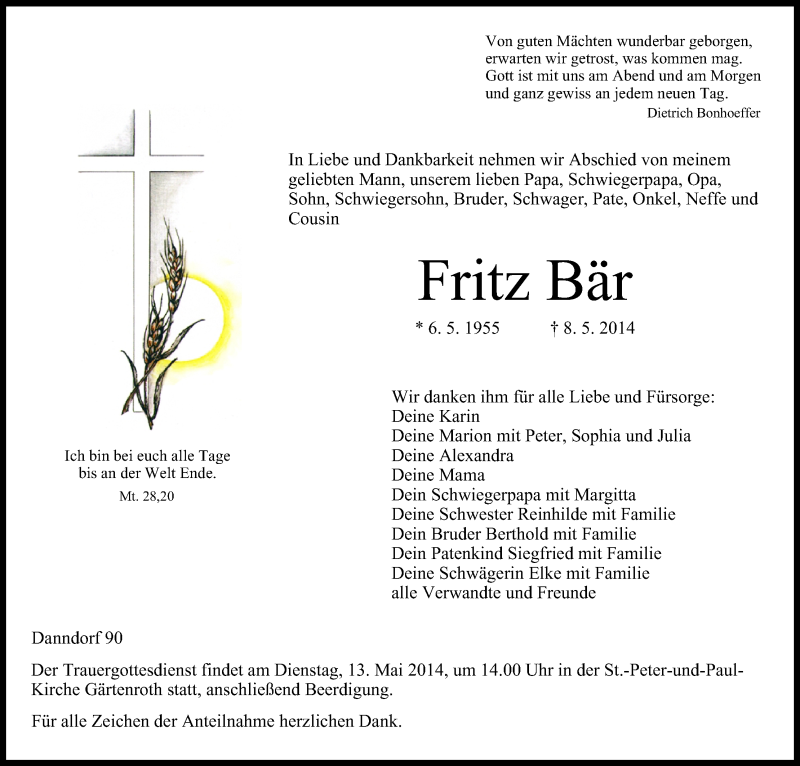  Traueranzeige für Fritz Bär vom 10.05.2014 aus MGO