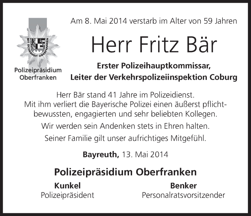  Traueranzeige für Fritz Bär vom 13.05.2014 aus MGO