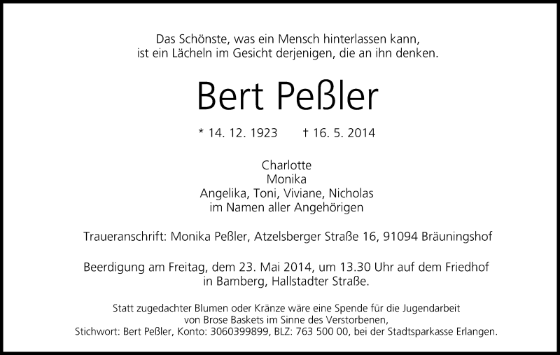  Traueranzeige für Bert Peßler vom 20.05.2014 aus MGO