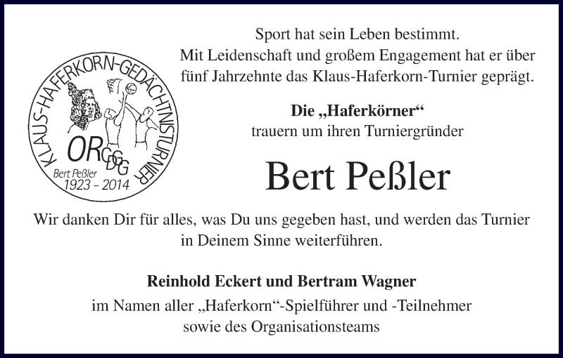  Traueranzeige für Bert Peßler vom 22.05.2014 aus MGO