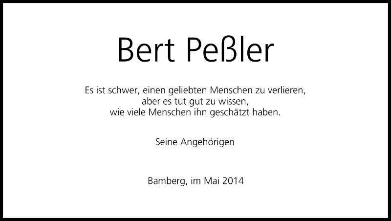  Traueranzeige für Bert Peßler vom 07.06.2014 aus MGO