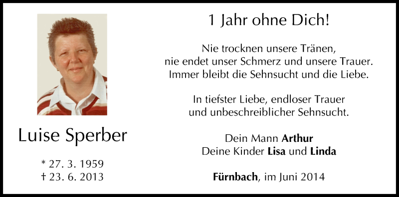  Traueranzeige für Luise Sperber vom 23.06.2014 aus MGO