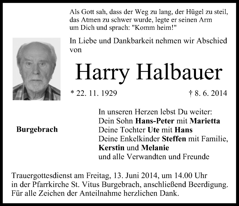  Traueranzeige für Harry  Halbauer vom 10.06.2014 aus MGO