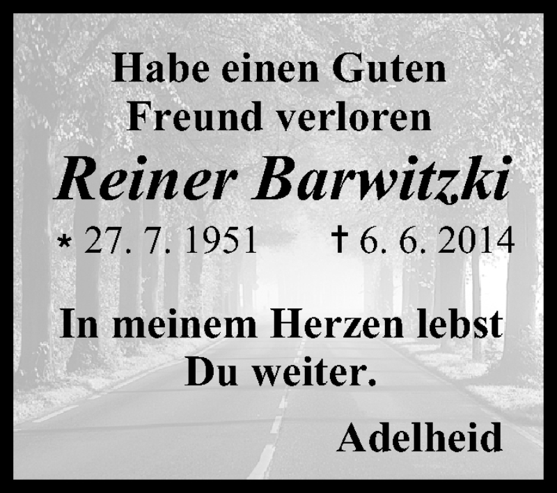  Traueranzeige für Reiner Barwitzki vom 19.06.2014 aus MGO