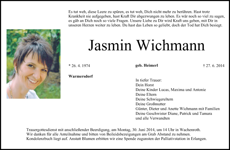  Traueranzeige für Jasmin Wichmann vom 28.06.2014 aus MGO