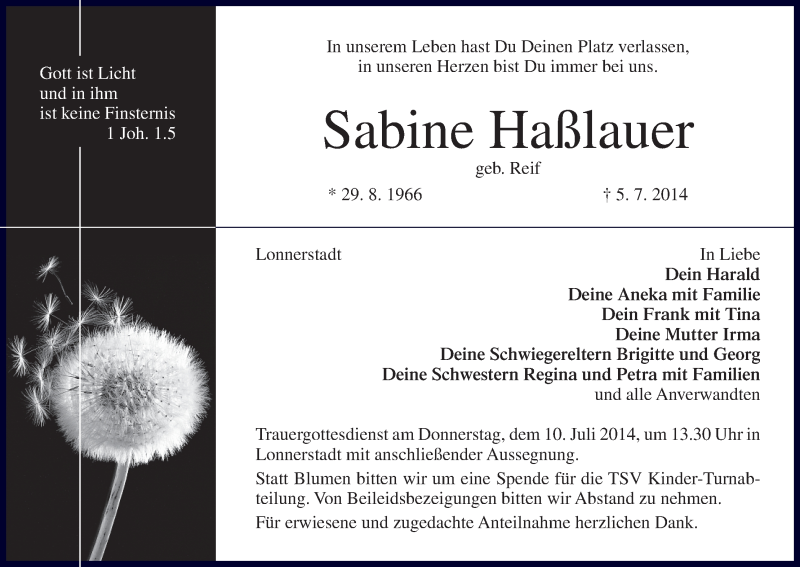  Traueranzeige für Sabine Haßlauer vom 08.07.2014 aus MGO