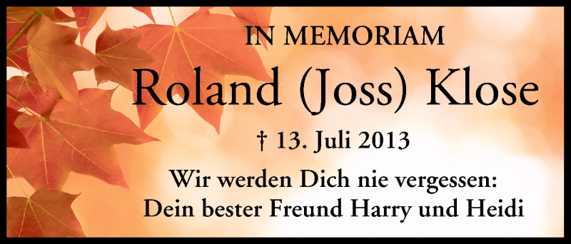  Traueranzeige für Roland Klose vom 12.07.2014 aus MGO