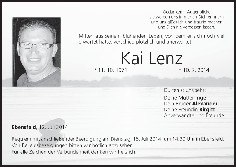  Traueranzeige für Kai Lenz vom 12.07.2014 aus MGO
