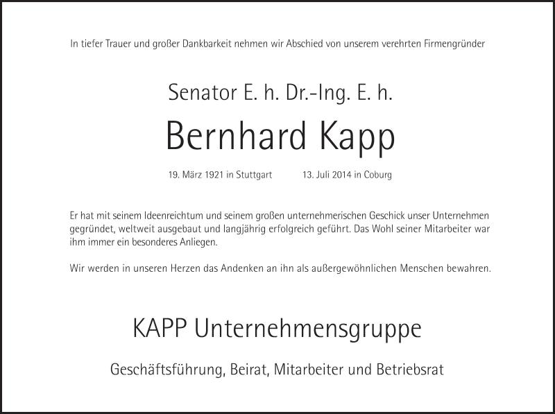  Traueranzeige für Bernhard Kapp vom 16.07.2014 aus MGO