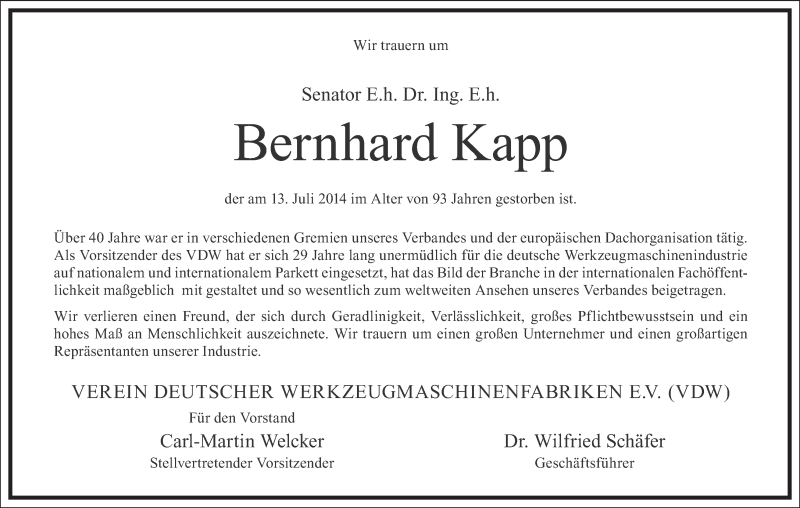  Traueranzeige für Bernhard Kapp vom 17.07.2014 aus MGO