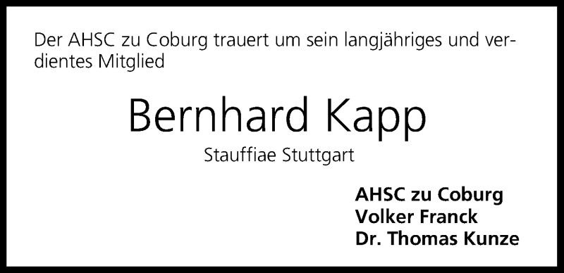  Traueranzeige für Bernhard Kapp vom 17.07.2014 aus MGO