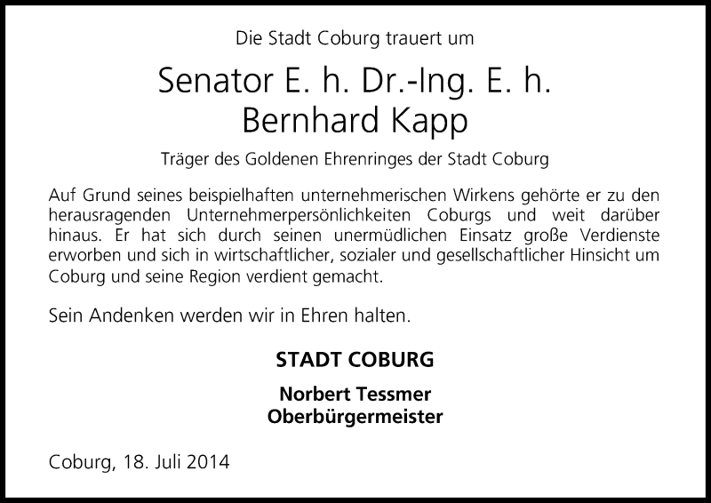  Traueranzeige für Bernhard Kapp vom 18.07.2014 aus MGO