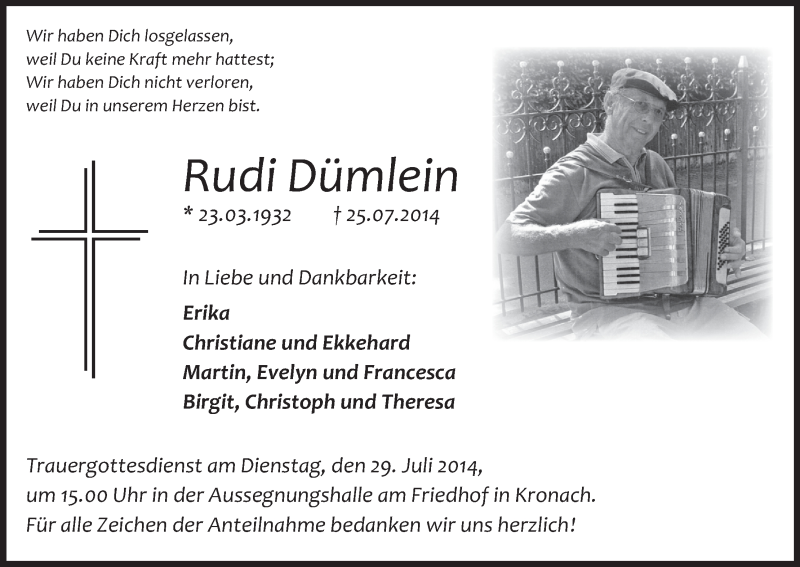  Traueranzeige für Rudi Dümlein vom 26.07.2014 aus MGO