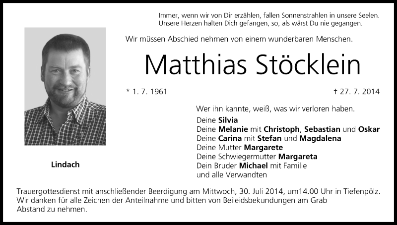  Traueranzeige für Matthias Stöcklein vom 29.07.2014 aus MGO