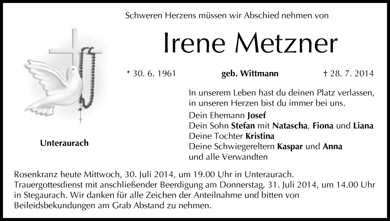  Traueranzeige für Irene Metzner vom 30.07.2014 aus MGO