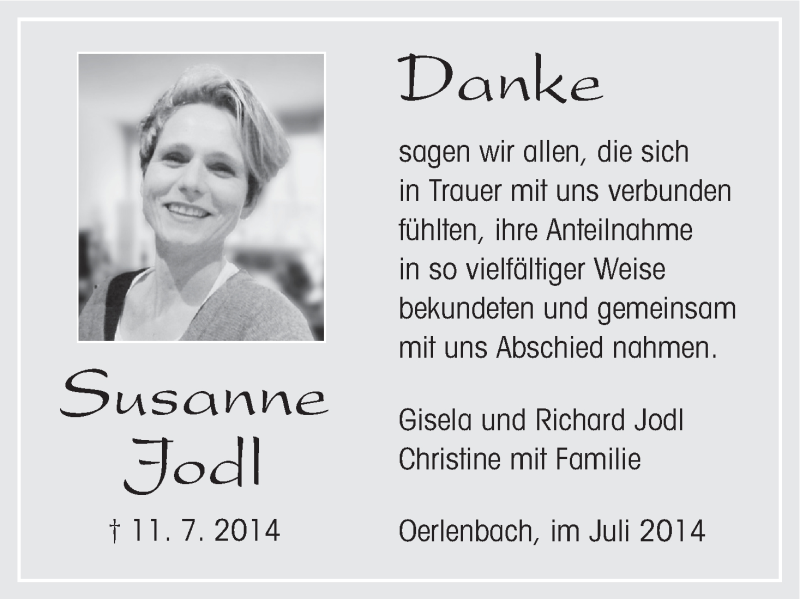  Traueranzeige für Susanne Jodl vom 02.08.2014 aus MGO