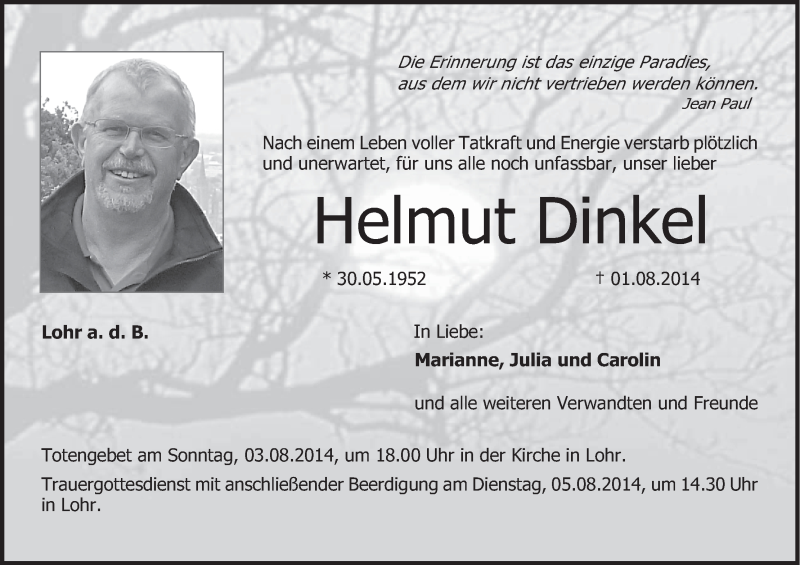  Traueranzeige für Helmut Dinkel vom 02.08.2014 aus MGO