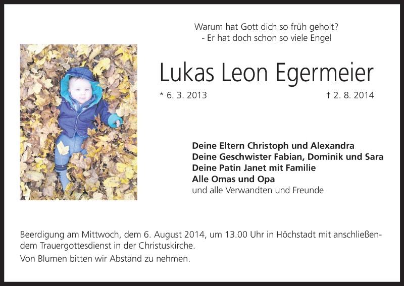  Traueranzeige für Lukas Leon Egermeier vom 05.08.2014 aus MGO