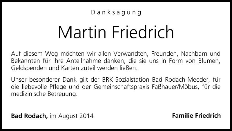  Traueranzeige für Martin Friedrich vom 09.08.2014 aus MGO