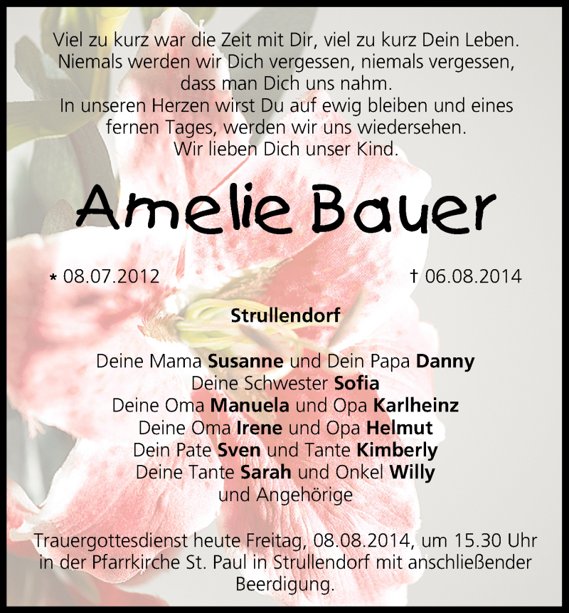  Traueranzeige für Amelie Bauer vom 08.08.2014 aus MGO