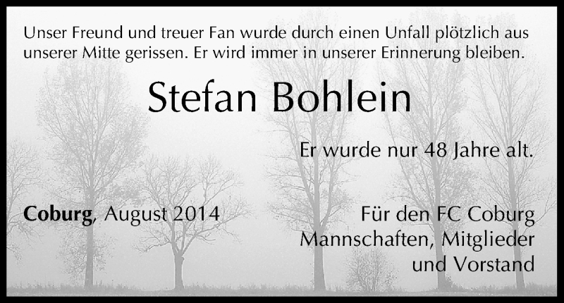  Traueranzeige für Stefan Bohlein vom 13.08.2014 aus MGO