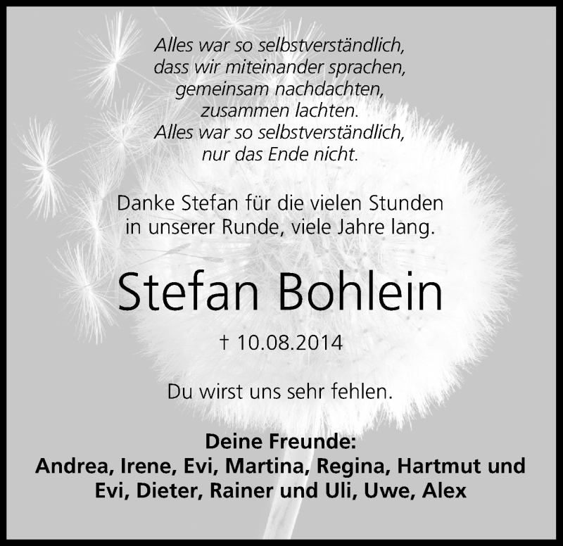  Traueranzeige für Stefan Bohlein vom 16.08.2014 aus MGO